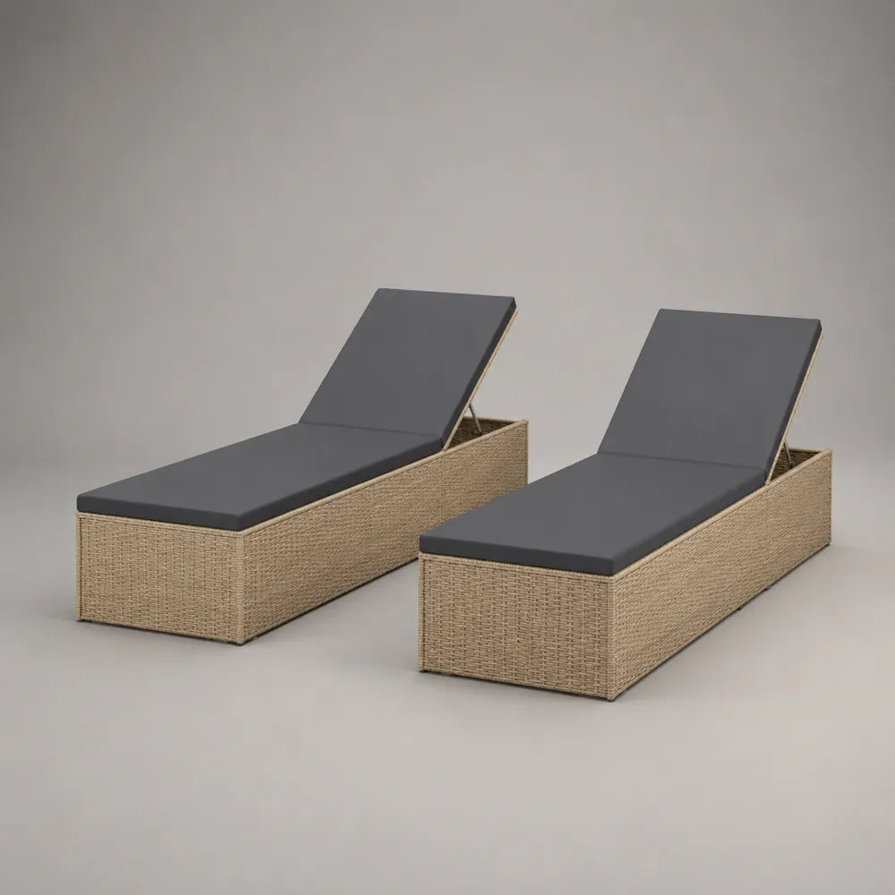 Set 2 lettini prendisole da giardino in rattan sintetico beige con cuscini grigio scuro reclinabili 200x70x35 cm
