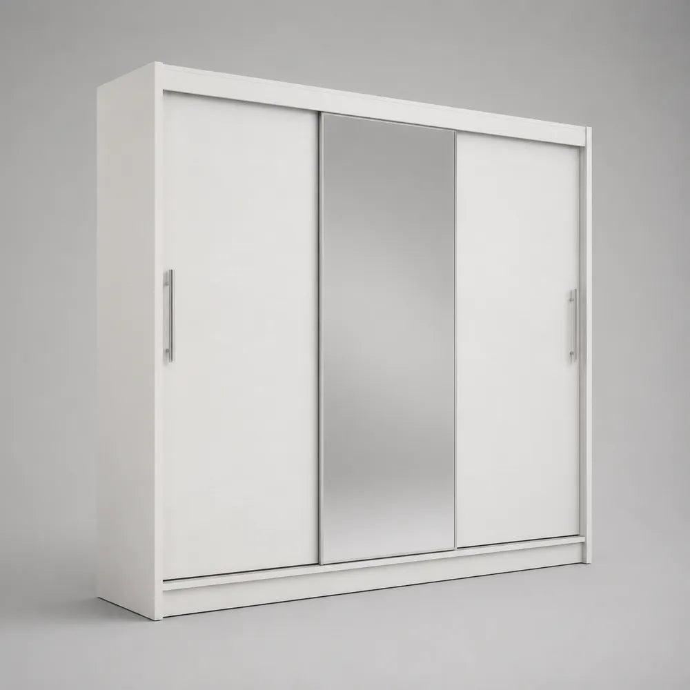 Armadio guardaroba rettangolare in MDF bianco con 3 ante scorrevoli e specchio centrale 200 x 60 x 220 cm