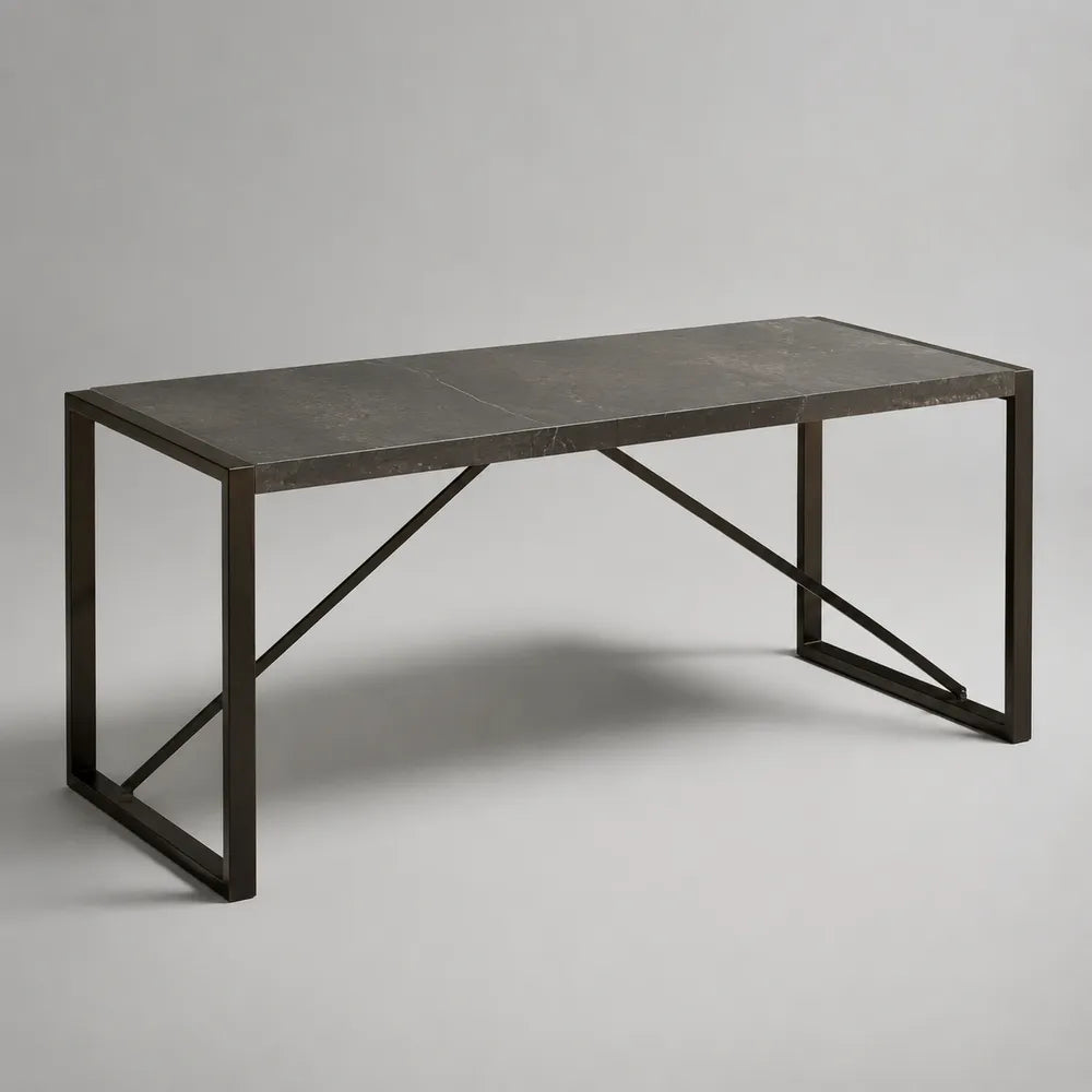 Tavolo da pranzo rettangolare in pietra sinterizzata effetto marmo e acciaio nero 200 x 90 x 75 cm
