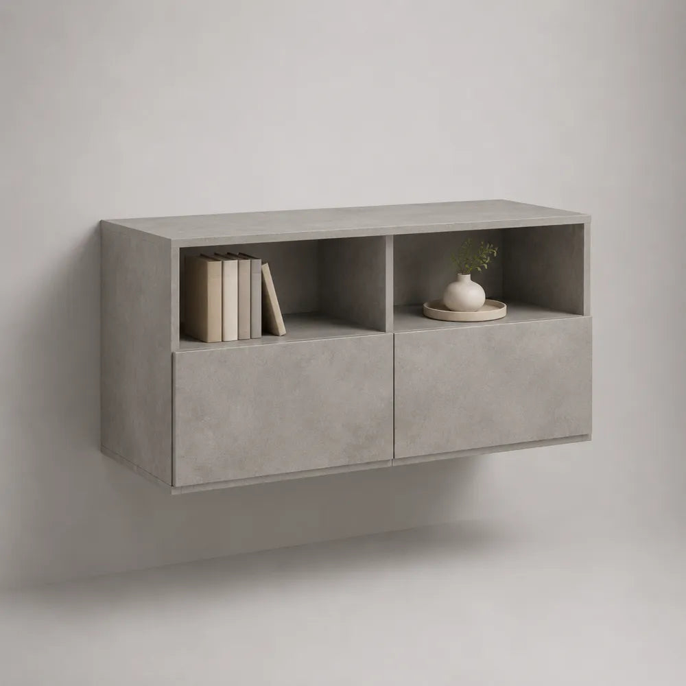 Mobile TV sospeso 180x35x50 cm grigio effetto cemento in MDF con ante e vani aperti