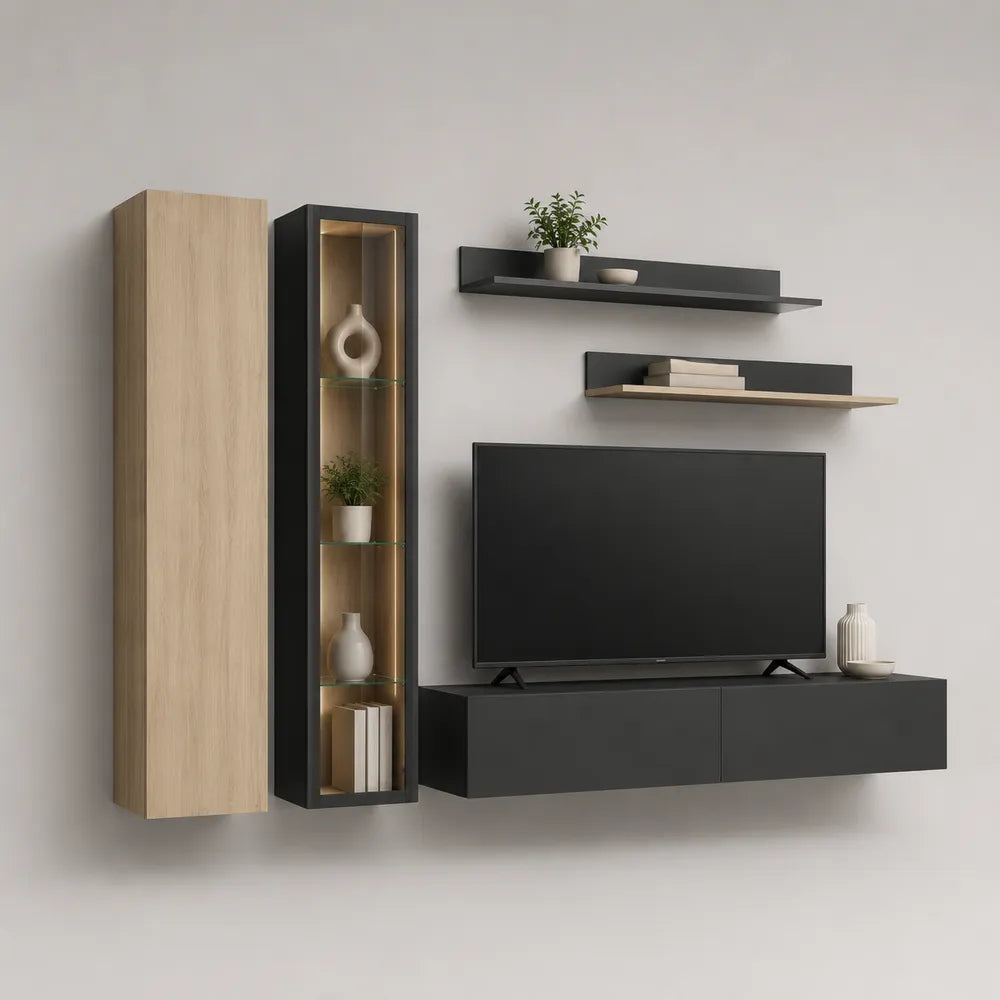 Parete attrezzata TV con mobile sospeso vetrina LED e mensole in MDF nero e rovere naturale 240 x 35 x 200 cm