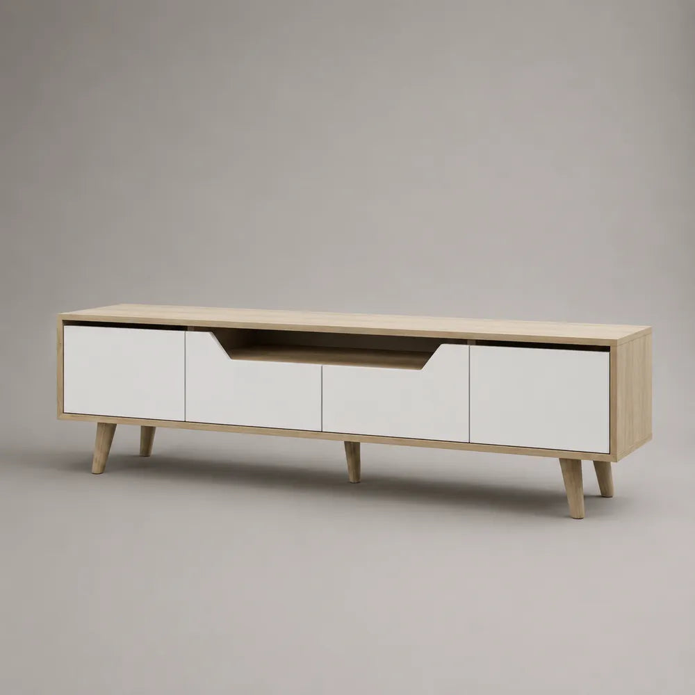 Mobile TV 220x40x55 cm bianco e rovere chiaro in MDF con ante e vano aperto struttura rettangolare