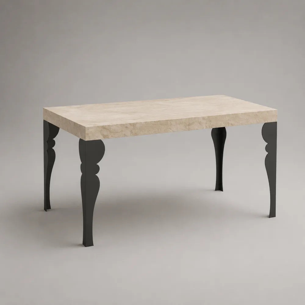 Tavolo da pranzo rettangolare con piano effetto marmo beige e gambe in acciaio nero 220 x 100 x 75 cm