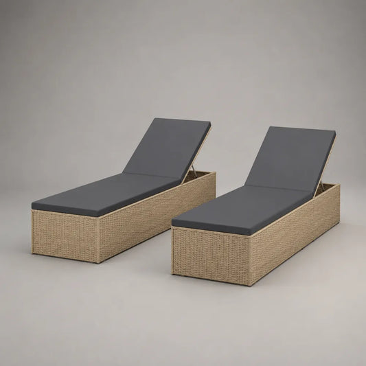 Set 2 lettini prendisole da giardino in rattan sintetico beige con cuscini grigio scuro reclinabili 200x70x35 cm