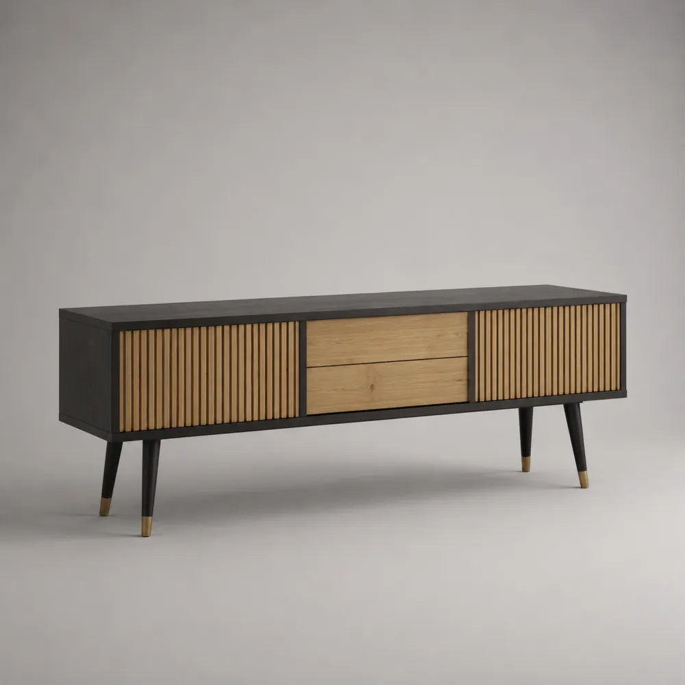 Mobile TV con ante e cassetti in MDF nero e rovere effetto legno 180x40x55 cm