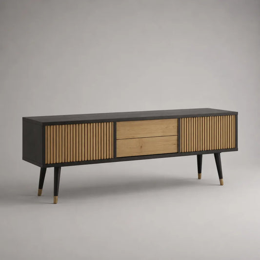 Mobile TV con ante e cassetti in MDF nero e rovere effetto legno 180x40x55 cm