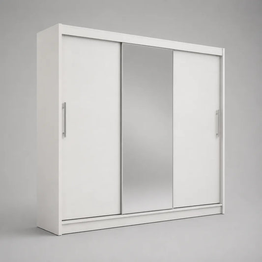Armadio guardaroba rettangolare in MDF bianco con 3 ante scorrevoli e specchio centrale 200 x 60 x 220 cm