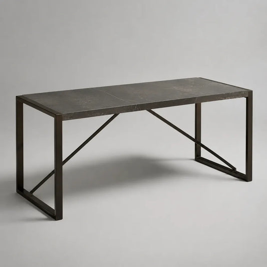 Tavolo da pranzo rettangolare in pietra sinterizzata effetto marmo e acciaio nero 200 x 90 x 75 cm