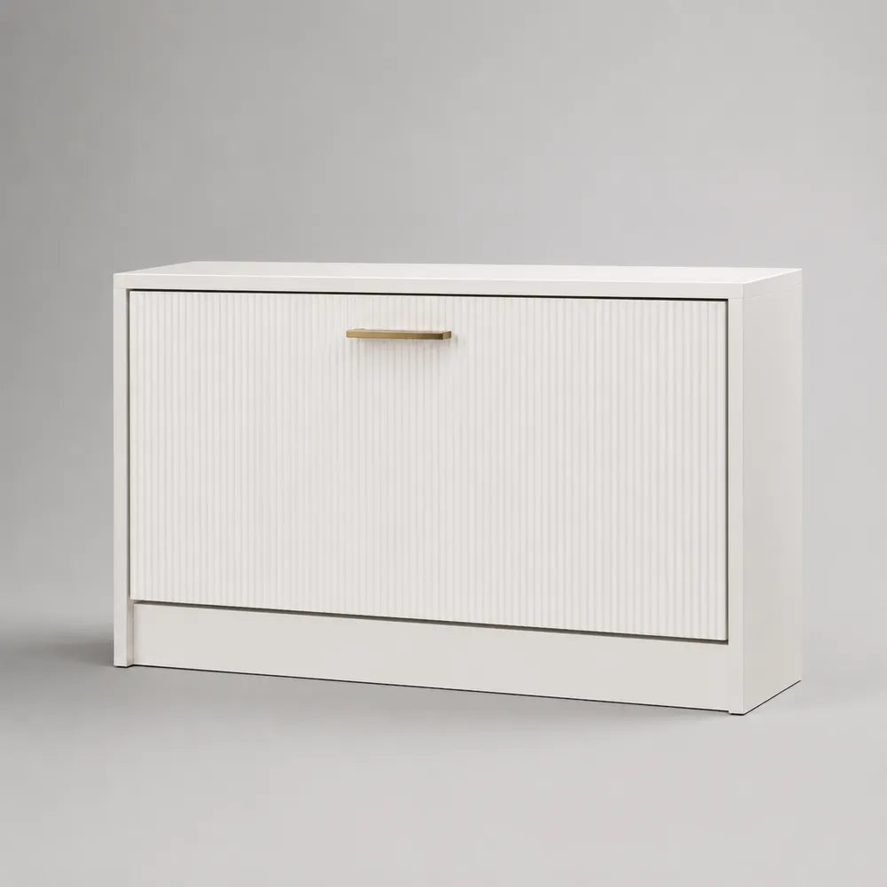 Scarpiera 120x35x50 cm bianca in MDF con anta ribalta e maniglia oro struttura rettangolare