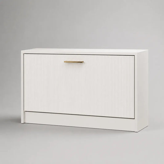 Scarpiera 120x35x50 cm bianca in MDF con anta ribalta e maniglia oro struttura rettangolare