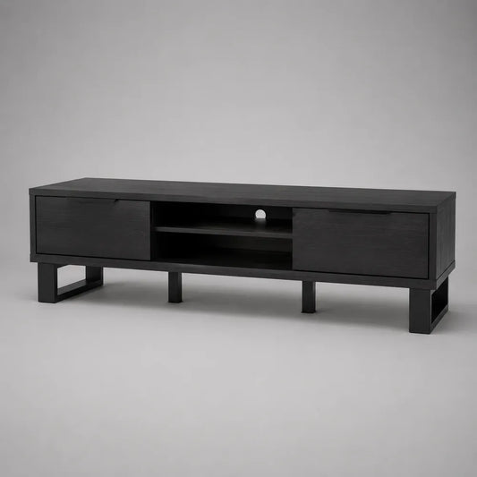Mobile TV basso rettangolare in MDF nero con ante e vano aperto 180 x 40 x 45 cm