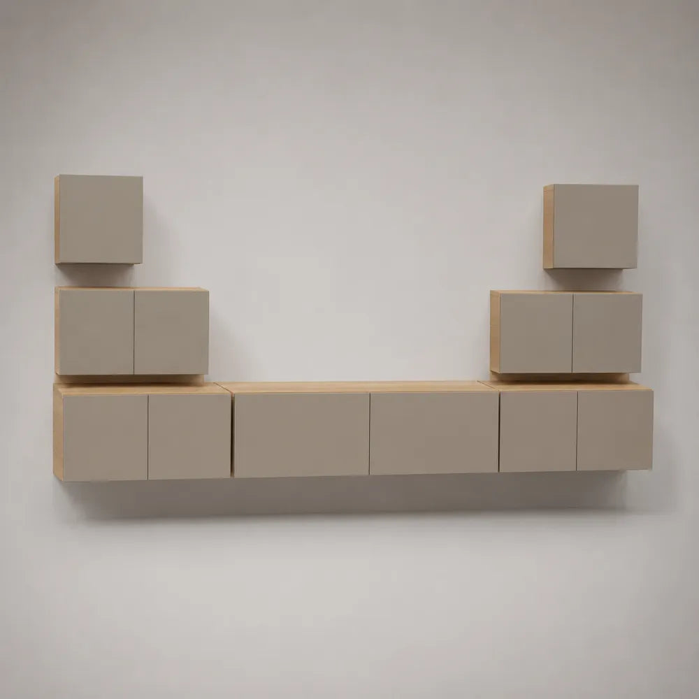 Mobile TV sospeso con ante e vani contenitore in MDF beige 240 x 35 x 180 cm