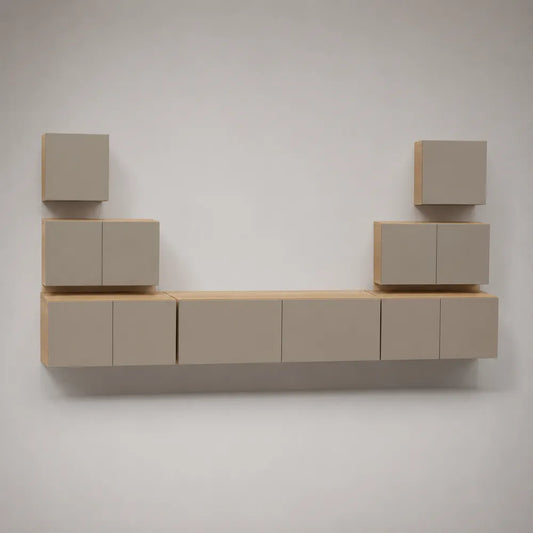 Mobile TV sospeso con ante e vani contenitore in MDF beige 240 x 35 x 180 cm
