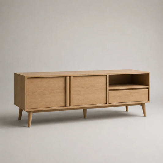 Mobile TV 180x40x55 cm rovere chiaro in MDF con ante cassetto e vano aperto struttura rettangolare