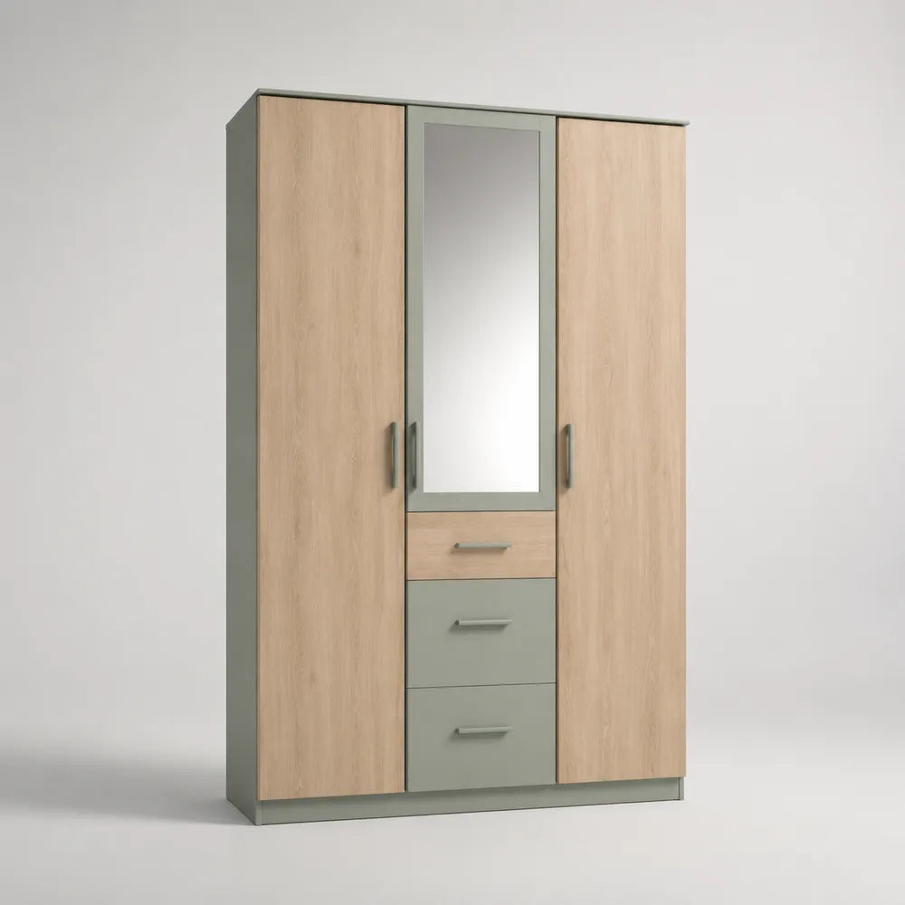 Armadio 3 ante con specchio e cassetti in MDF effetto rovere chiaro e verde 150 x 55 x 200 cm