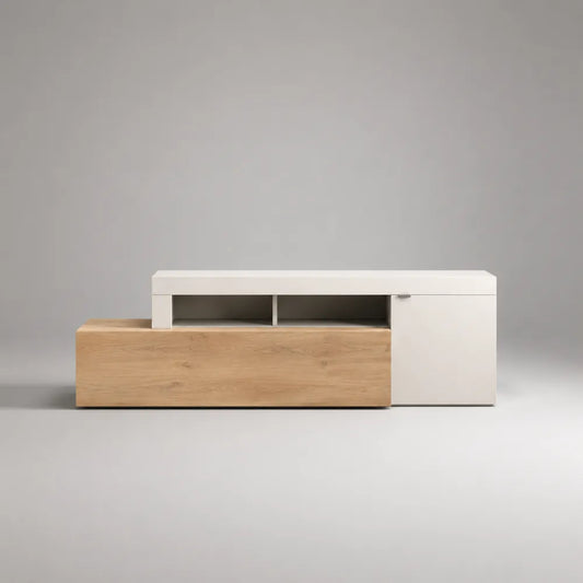 Mobile TV sospeso con vano aperto e anta in MDF bianco e rovere effetto legno 180x40x45 cm