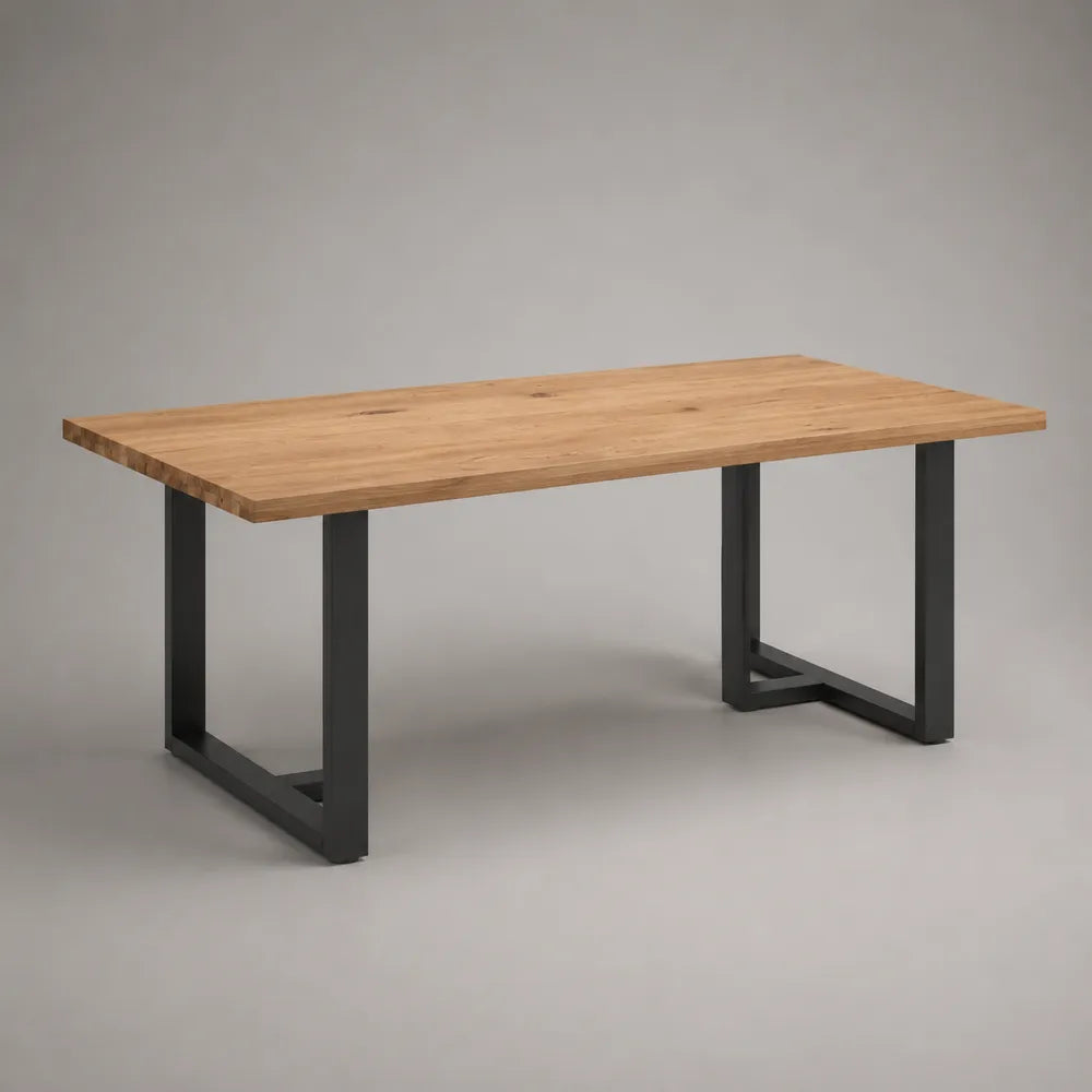 Tavolo da pranzo rettangolare in legno massello e acciaio nero con struttura a U marrone 220 x 100 x 76 cm