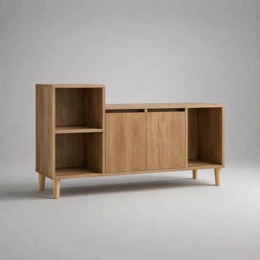 Mobile TV basso rettangolare in MDF effetto rovere naturale con ante e vani aperti 180 x 40 x 70 cm
