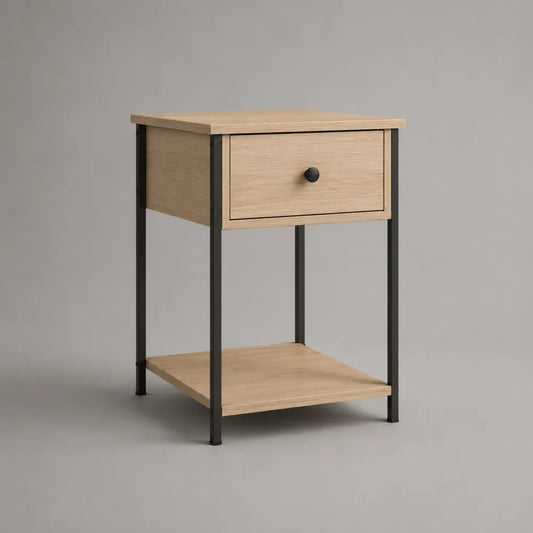 Comodino rettangolare in MDF effetto rovere chiaro con cassetto e ripiano inferiore in acciaio nero 45 x 35 x 60 cm