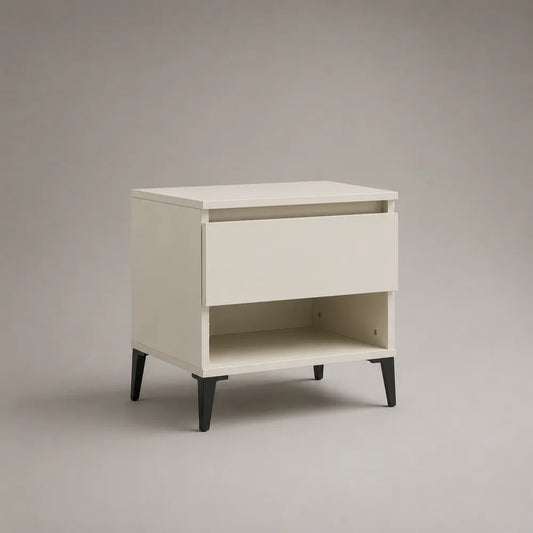Comodino da camera 50x40x55 cm bianco con cassetto e vano aperto in MDF con gambe nere