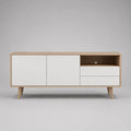 Mobile TV con ante cassetti e vano aperto in MDF bianco e rovere chiaro 180x40x55 cm