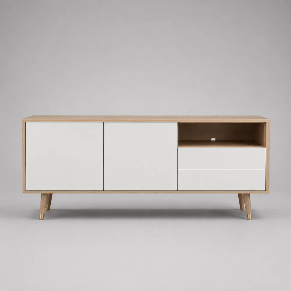 Mobile TV con ante cassetti e vano aperto in MDF bianco e rovere chiaro 180x40x55 cm