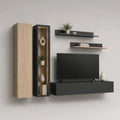 Parete attrezzata TV con mobile sospeso vetrina LED e mensole in MDF nero e rovere naturale 240 x 35 x 200 cm