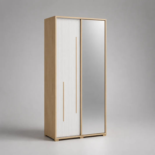 Armadio guardaroba rettangolare in MDF effetto rovere chiaro con 2 ante scorrevoli pannello scanalato e specchio 120 x 60 x 220 cm