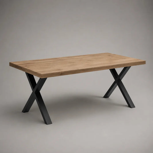 Tavolo da pranzo rettangolare con piano effetto rovere e gambe in acciaio nero a X 180 x 90 x 75 cm