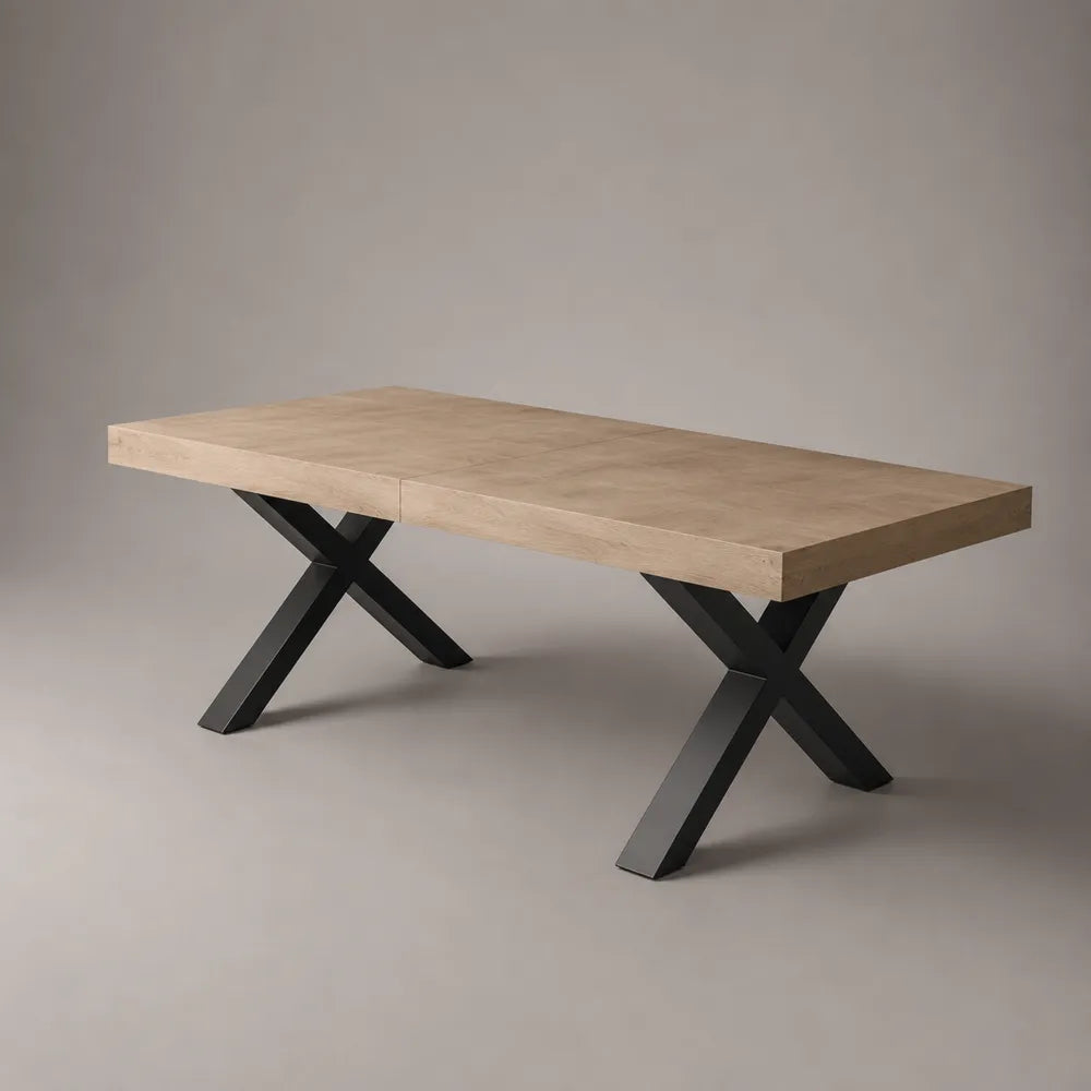 Tavolo da pranzo rettangolare in MDF effetto pietra beige con gambe in acciaio nero 220x100x75 cm