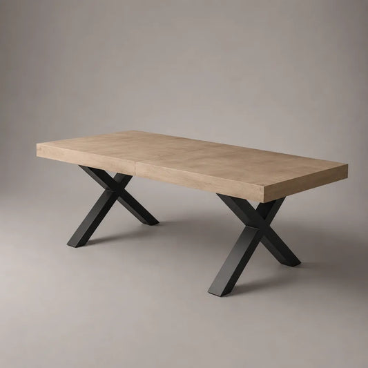 Tavolo da pranzo rettangolare in MDF effetto pietra beige con gambe in acciaio nero 220x100x75 cm