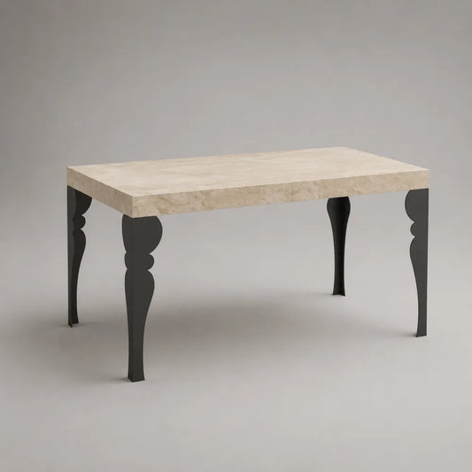 Tavolo da pranzo rettangolare con piano effetto marmo beige e gambe in acciaio nero 220 x 100 x 75 cm